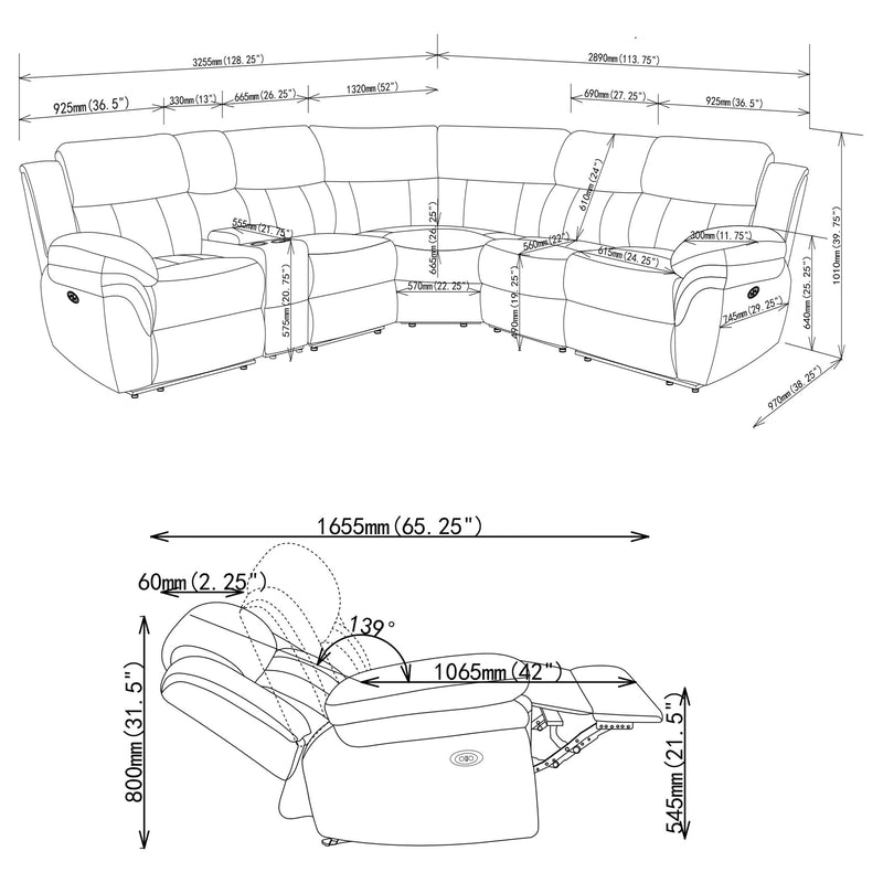 Bahrain Modular Power Reclining Sectional Sofa (Armless Chair, Armless Return Piece, Console, Left Return Piece, Right Return Piece and Wedge)